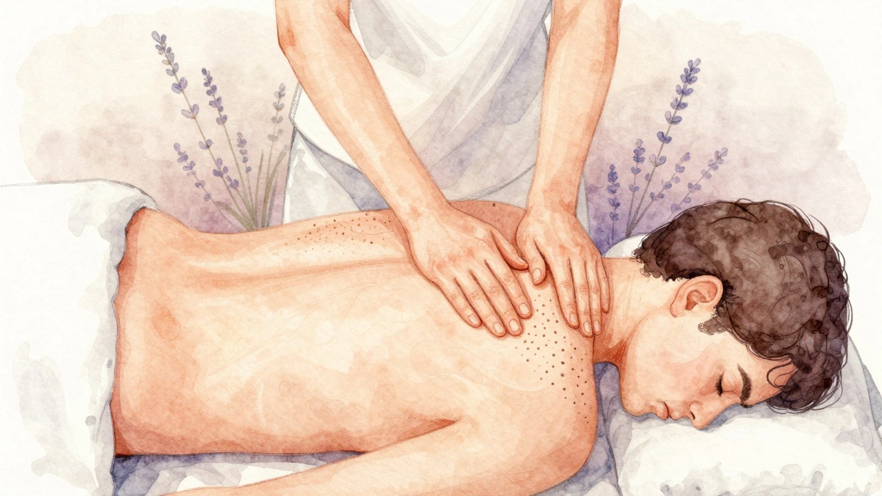 Watercolor illustratie van de vijf technieken van ontspanningsmassage: streken, kneden, cirkels, tikken en trillen.