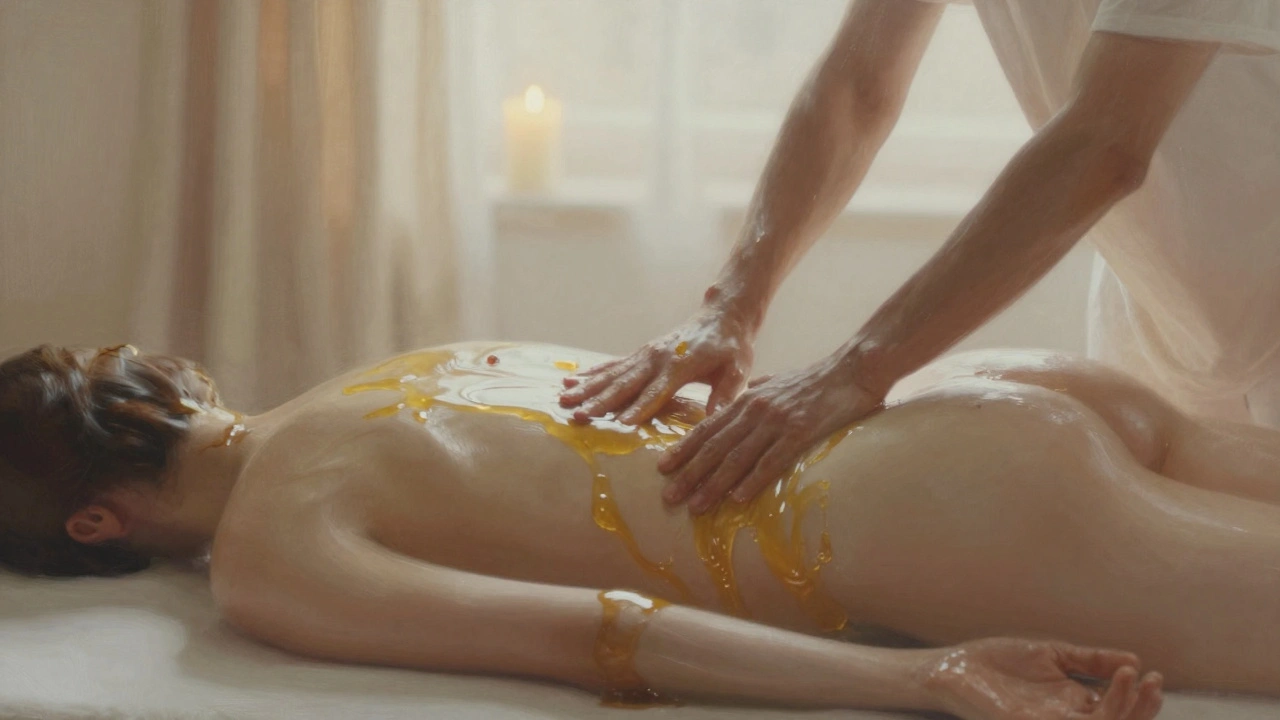 Abstracte, vloeiende vormen van twee lichamen in harmonieuze beweging, omhuld door warme olie en zacht licht.