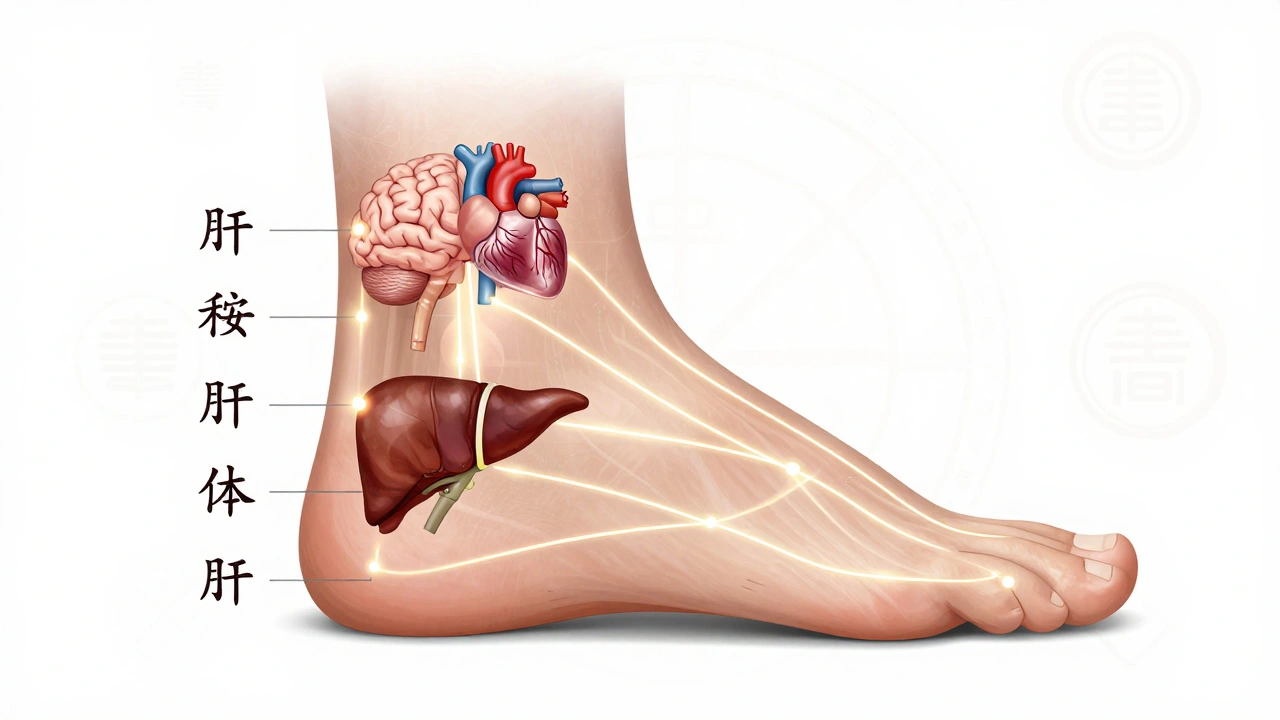 Anatomische afbeelding van de voet met energiepunten verbonden aan organen.