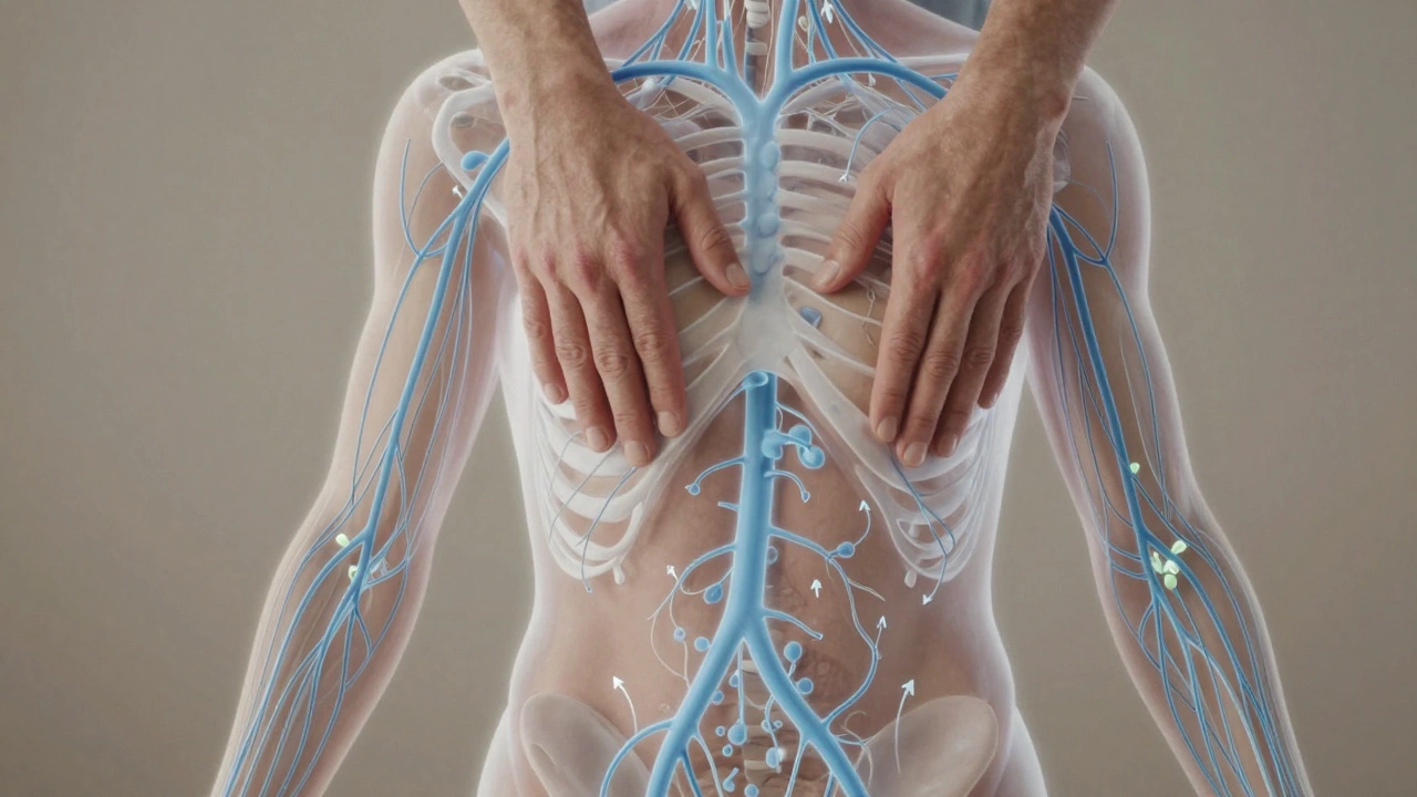 Anatomische weergave van het lymfestelsel met gloeiende vaatjes en stroomrichtingen onder de huid, weergegeven in een wetenschappelijke, artistieke stijl.