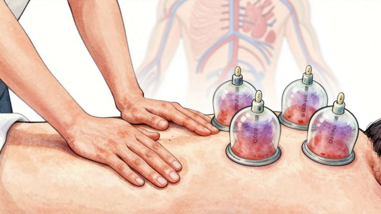 Comparatie van massage druk en cupping zuigkracht met bloedstroomillustratie.