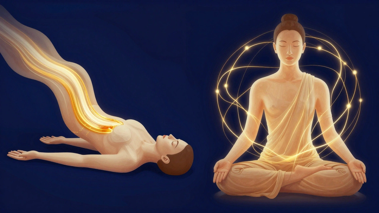Conceptuele afbeelding van ontspanningsmassage en tantra massage als energie- en oliepatronen.