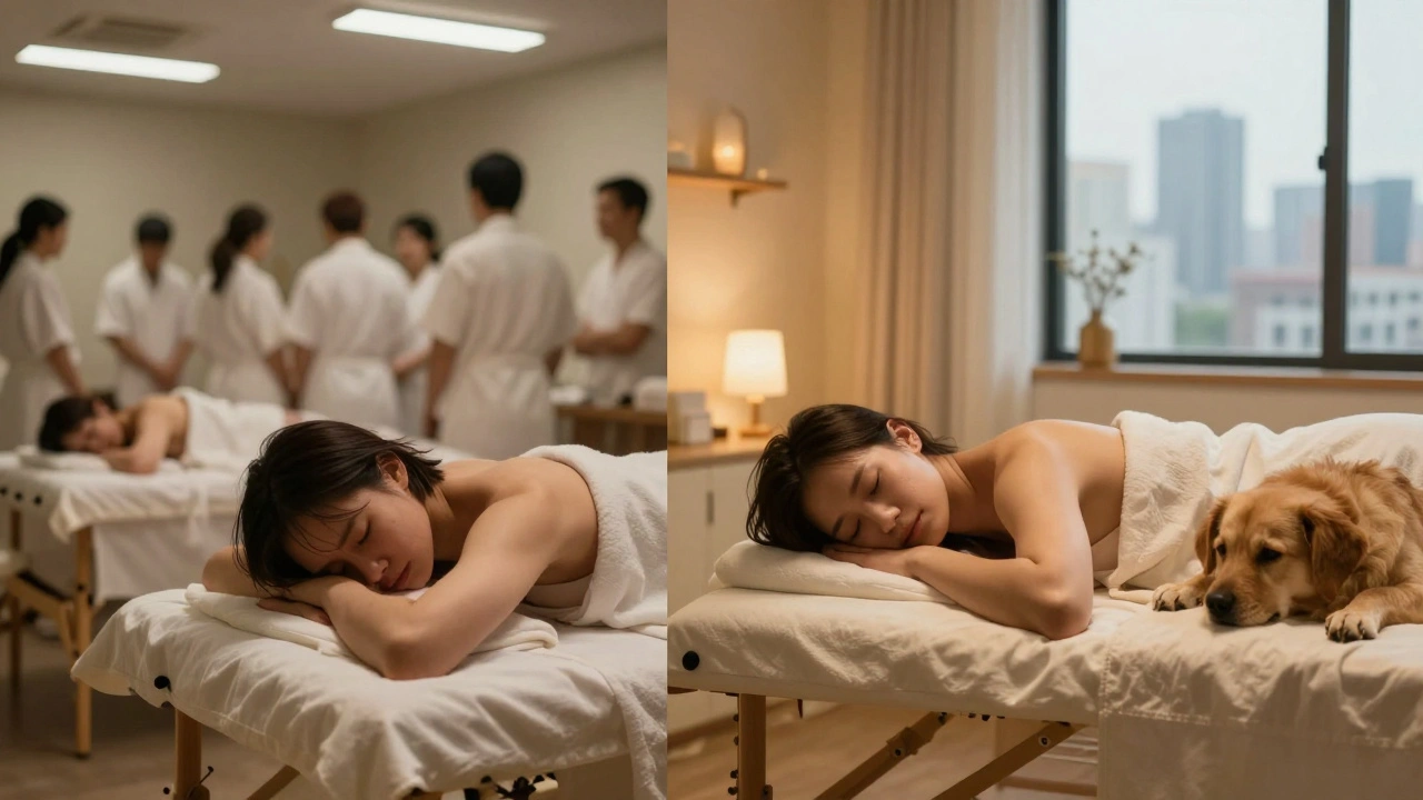 Contrast tussen een drukke spa aan de linkerkant en een vredige thuismassage aan de rechterkant.