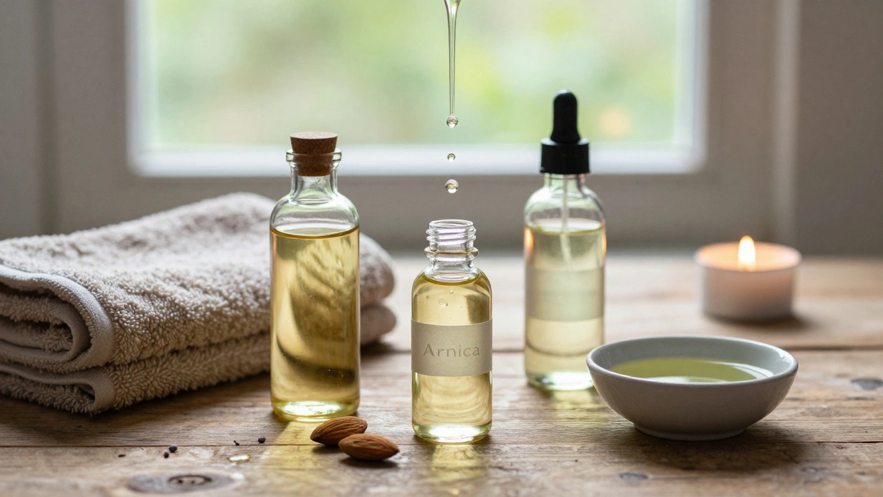 Drie flesjes massageolie met kruiden en warme handdoek op houten tafel.