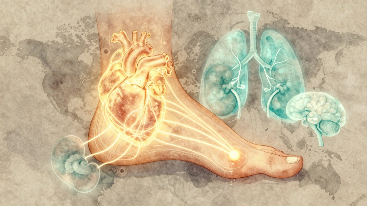 Een abstracte voetkaart met energielijnen die verbonden zijn met organen als hart en longen.