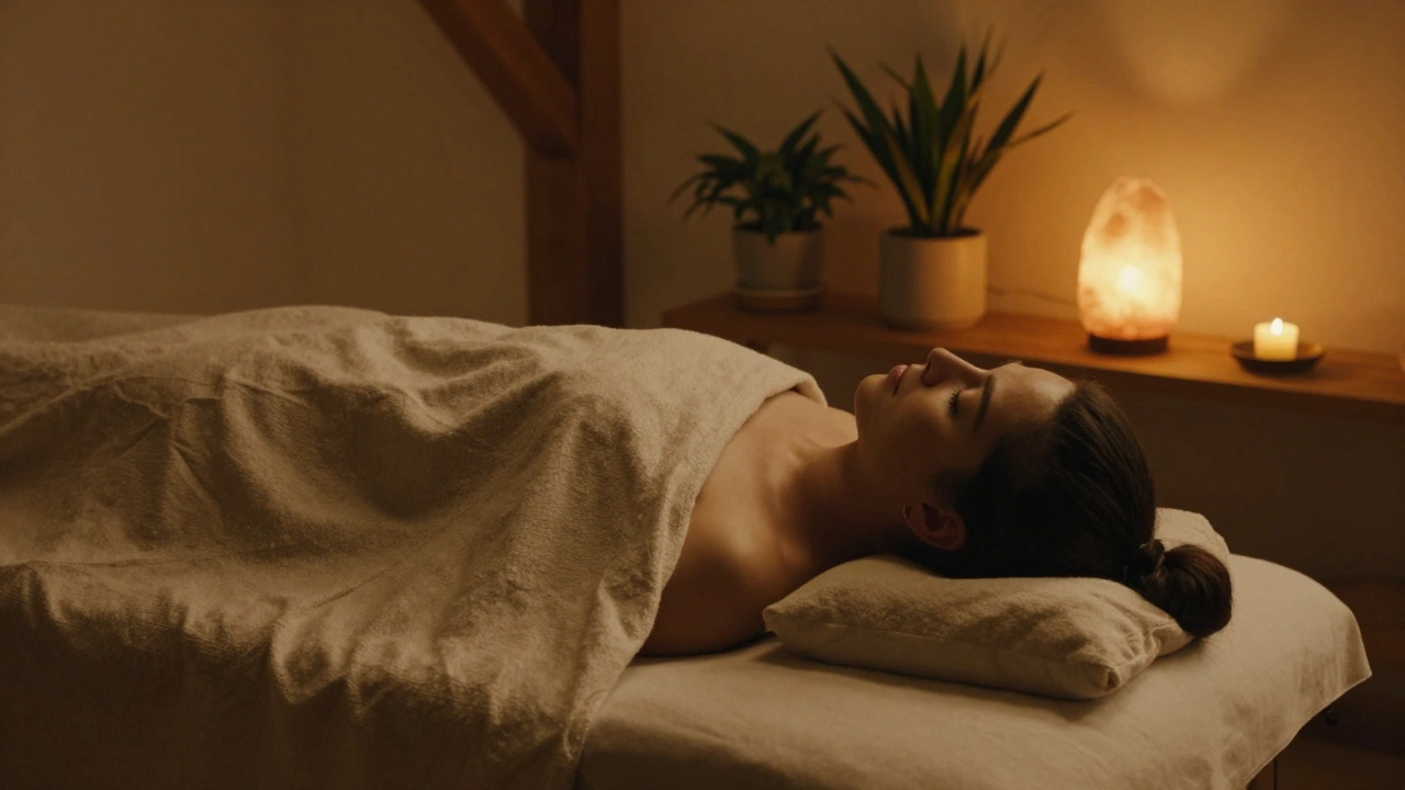Een persoon ligt in slaapstand onder een deken, verlicht door een zoutlamp, in een rustige Amsterdamse kamer met houten balken en een kaars.