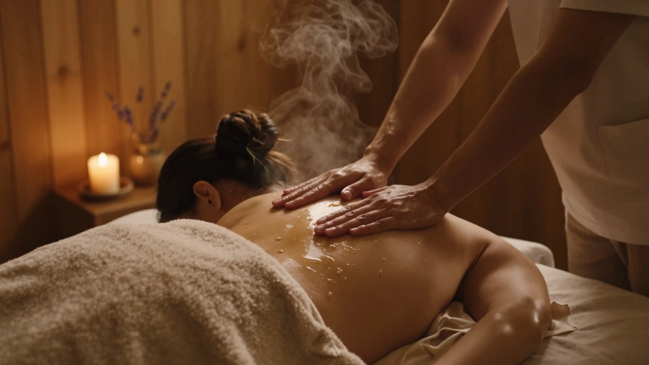 Een persoon ligt ontspannen op een massagebank, een masseur masseert de rug met warme olie in een rustige kamer.