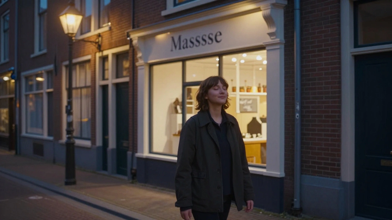 Een persoon loopt na een massage naar buiten, ontspannen en glimlachend, onder een zachte avondlamp.