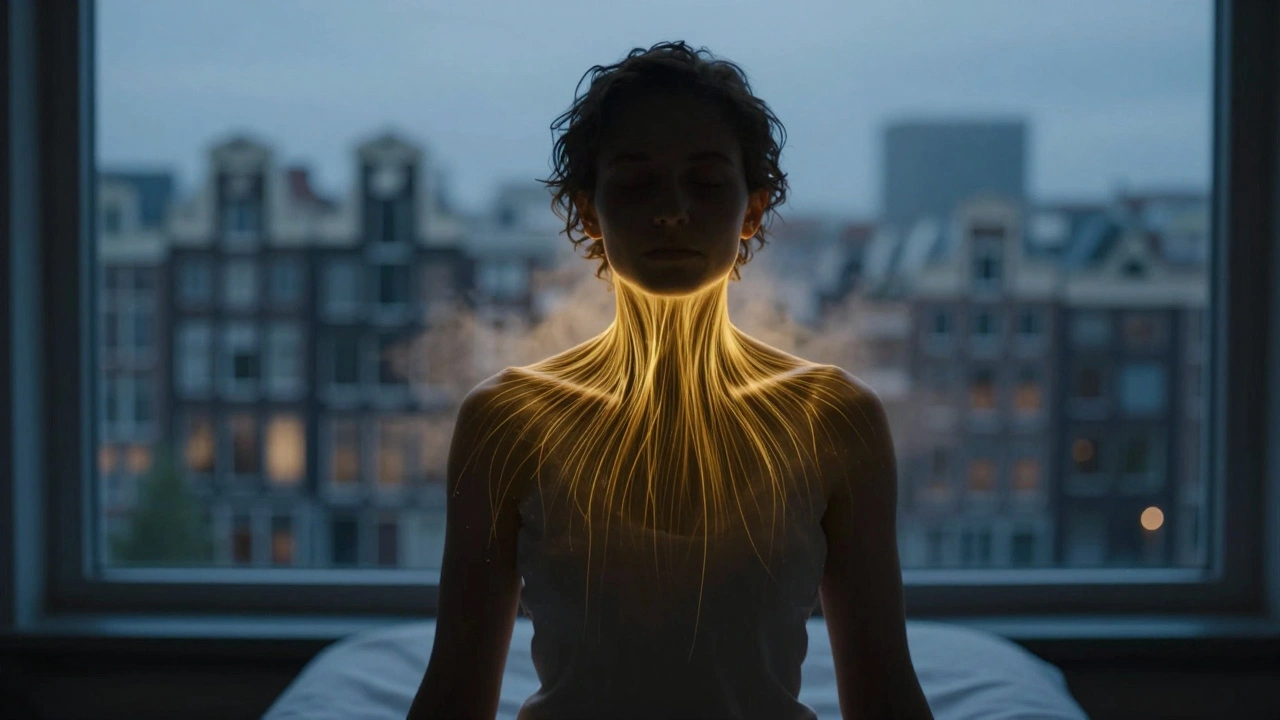 Een silhouet na een massage met gouden draden die gespannenheid vertegenwoordigen, opgaand in een stille stadslucht.