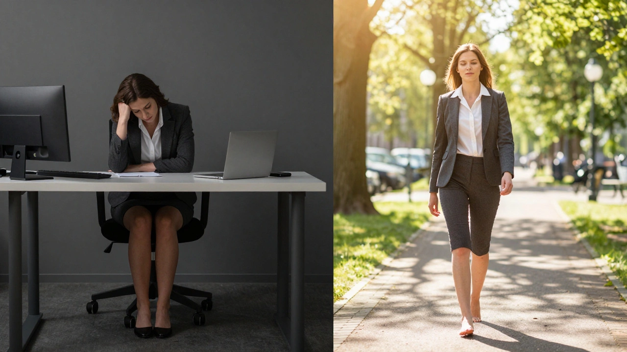 Een vrouw in kantoorkleding tegenover dezelfde vrouw na een lymfedrainagesessie, lichter en ontspannen in de natuur.