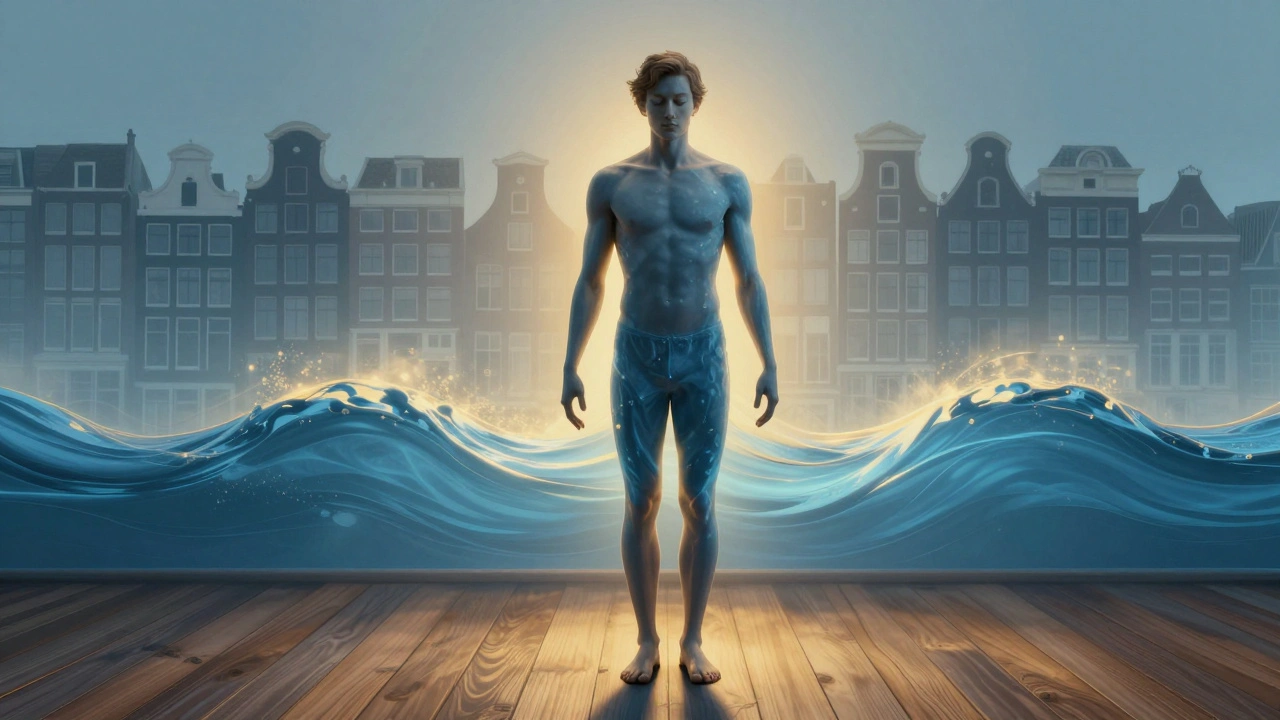 Figuur die ontspant in lichtgolven, met schemerige silhouetten van Amsterdamse wijken in de achtergrond.