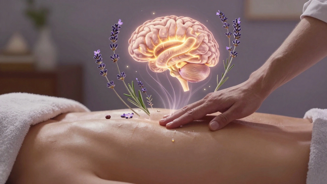 Hand die massageolie aanbrengt op een rug, met geur als lichtende draden naar de hersenen.