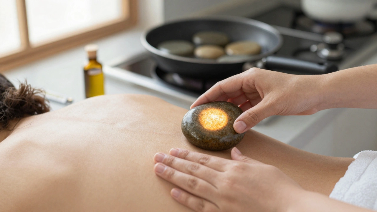 Hand houdt een warme steen en masseert de rug, keuken met verwarmingspan en olie op de achtergrond.