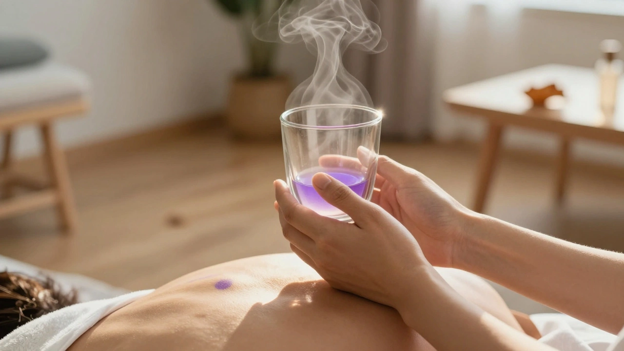 Hand laat glazen cup los van de rug, paarse cirkels en stoom in zacht licht.