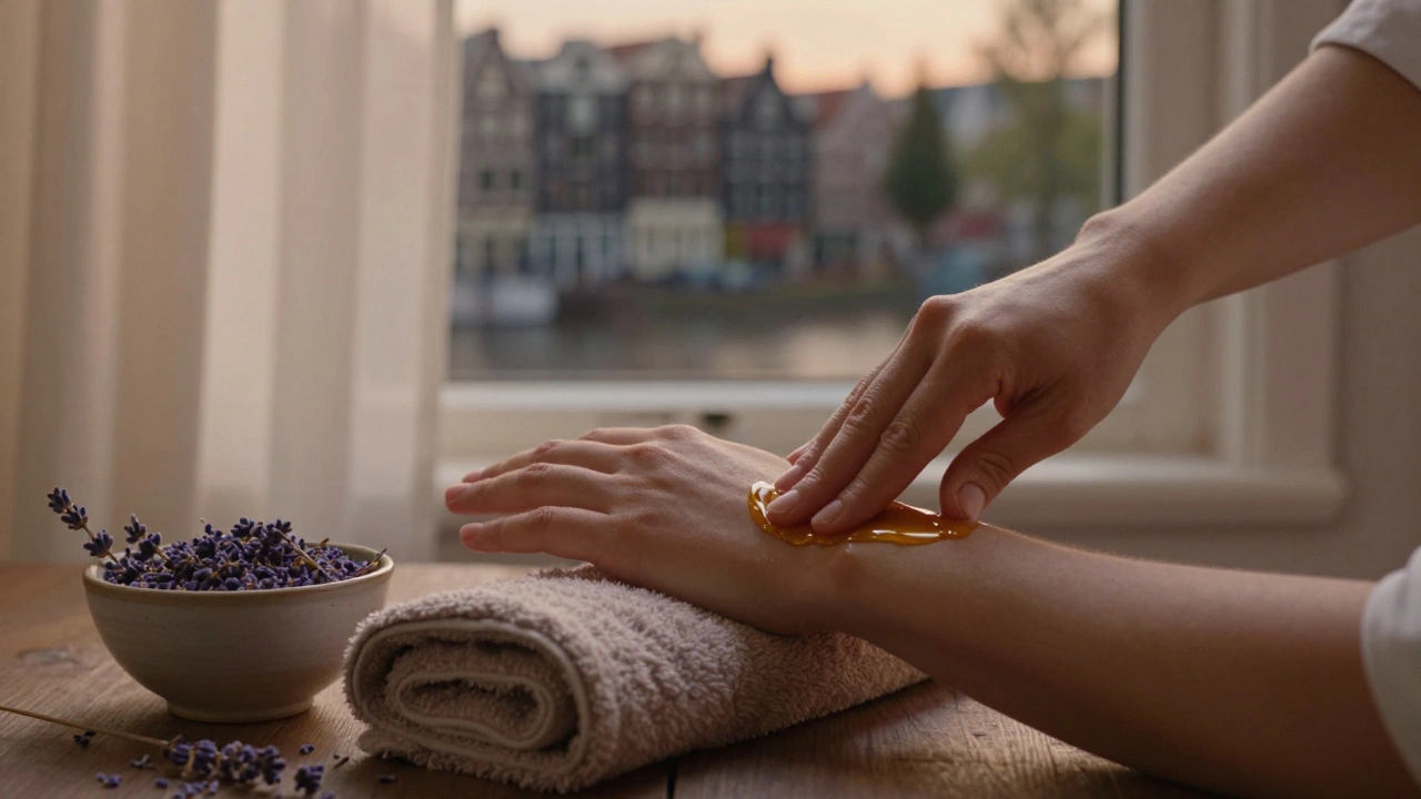 Handen met warme amandelolie glijden zacht over een arm, met lavendelblaadjes en een zachte lichtval in de achtergrond.