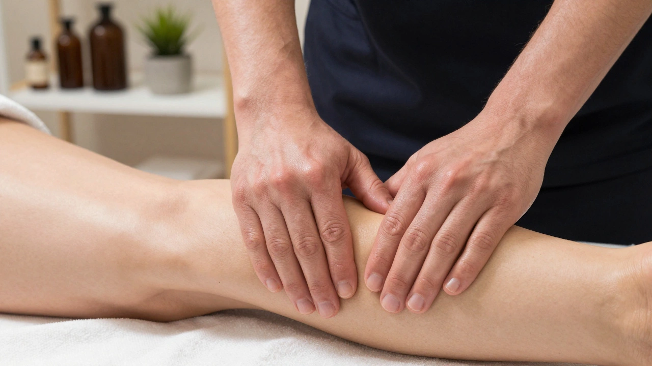 Handen van een masseur voeren een zeer zachte, ritmische beweging uit langs het been bij lymfedrainage.