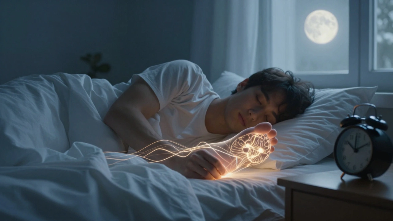 Iemand die diep slaapt, met een subtiele energie-verbinding tussen voet en hersenen in maanlicht.