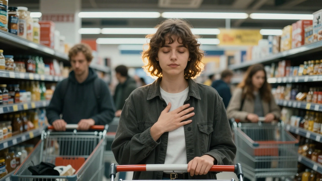 Iemand staat rustig in een drukke supermarktrij, ademt diep terwijl de wereld om hen heen doorgaat.