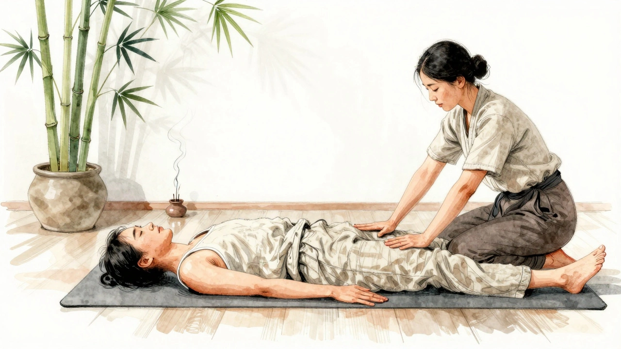 Iemand wordt gemasseerd in Thaise stijl, gekleed in linnen, terwijl een therapeut zachtjes de lichaam uitrekt.