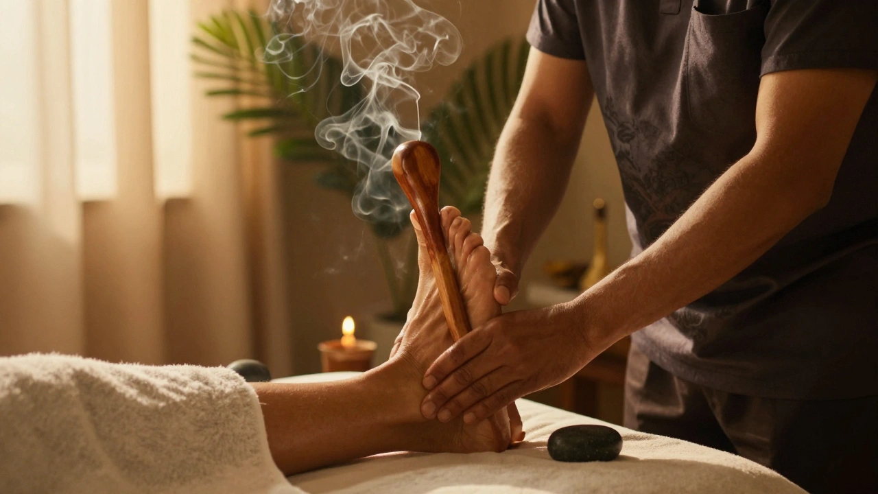 Masseur gebruikt houten tools en warme steentjes tijdens een Thaise voetmassage.