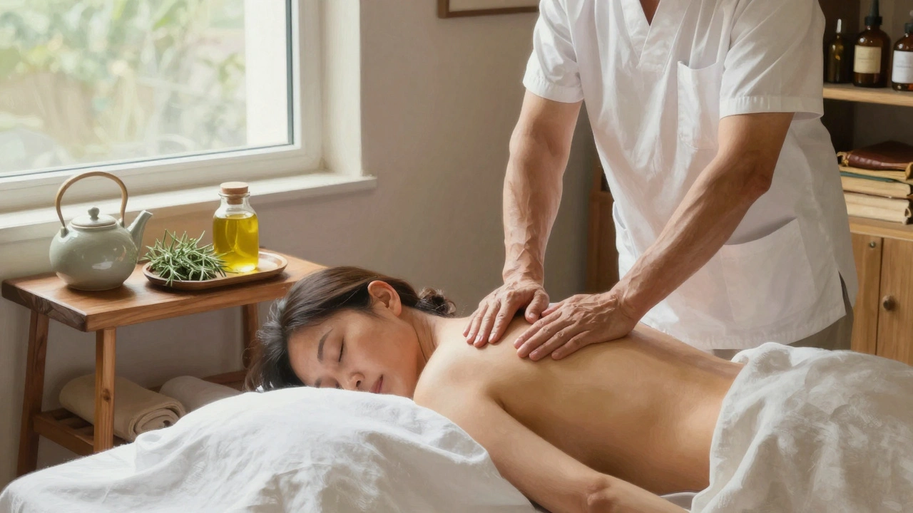 Masseur masseert de rug van een cliënt met natuurlijke olie en een kruidenthee op de plank.