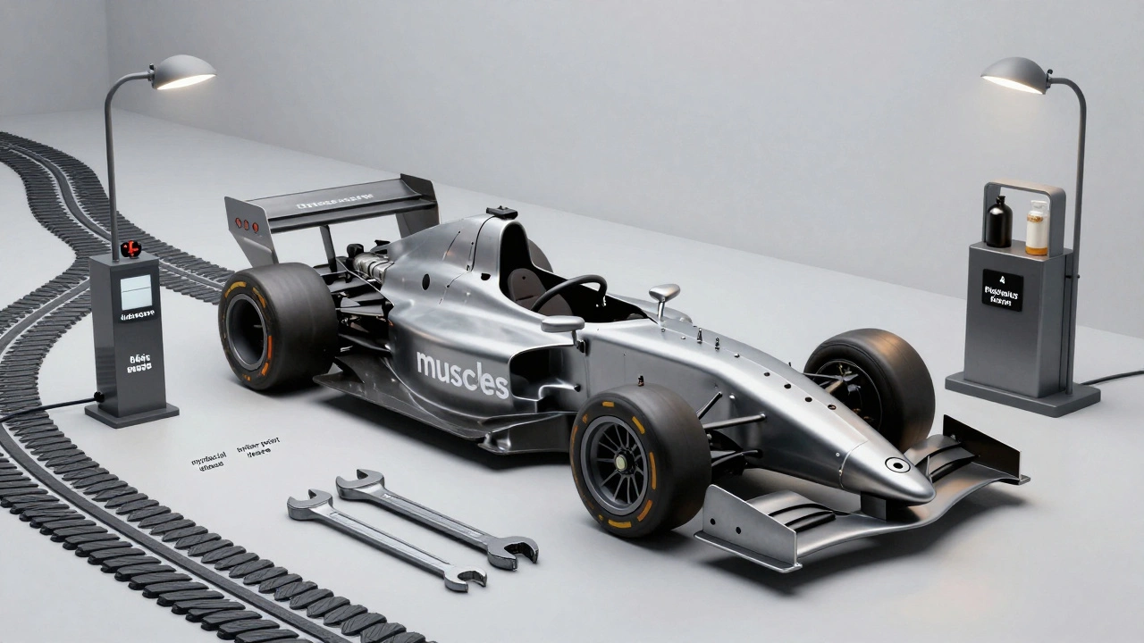 Menselijk lichaam als raceauto met sportmassage als onderhoudsstation.