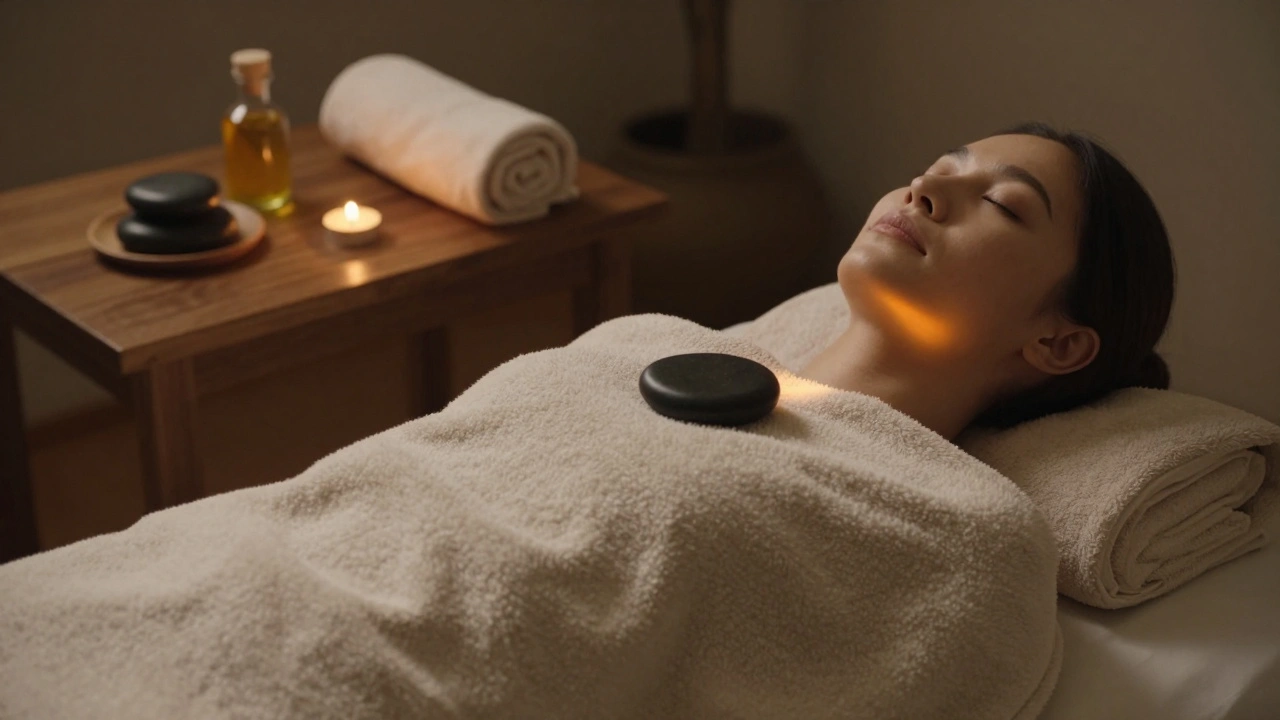 Persoon ligt onder een deken met een steen op de borst, kalm en ontspannen in kaarslicht.