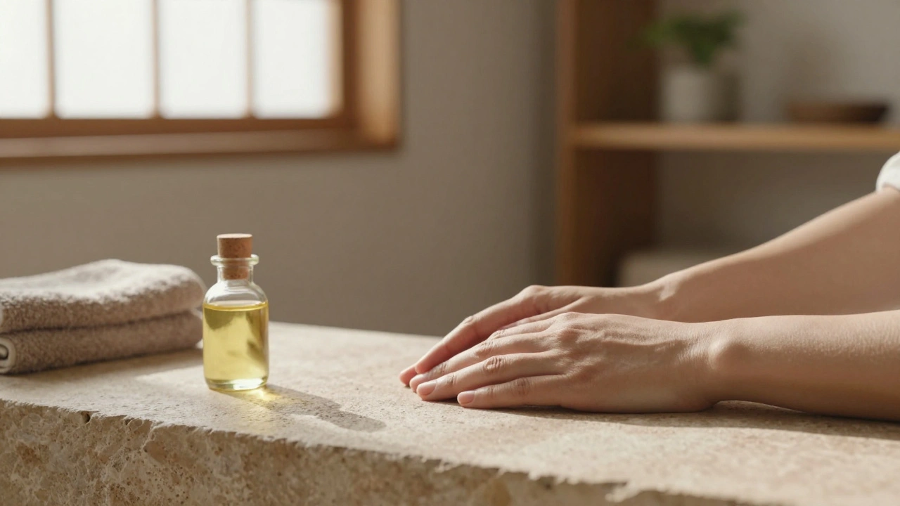 Rustige, lege ruimte met een olieflacon, handdoek en stenen tafel — sporen van een diepe ontspanningsbehandeling.