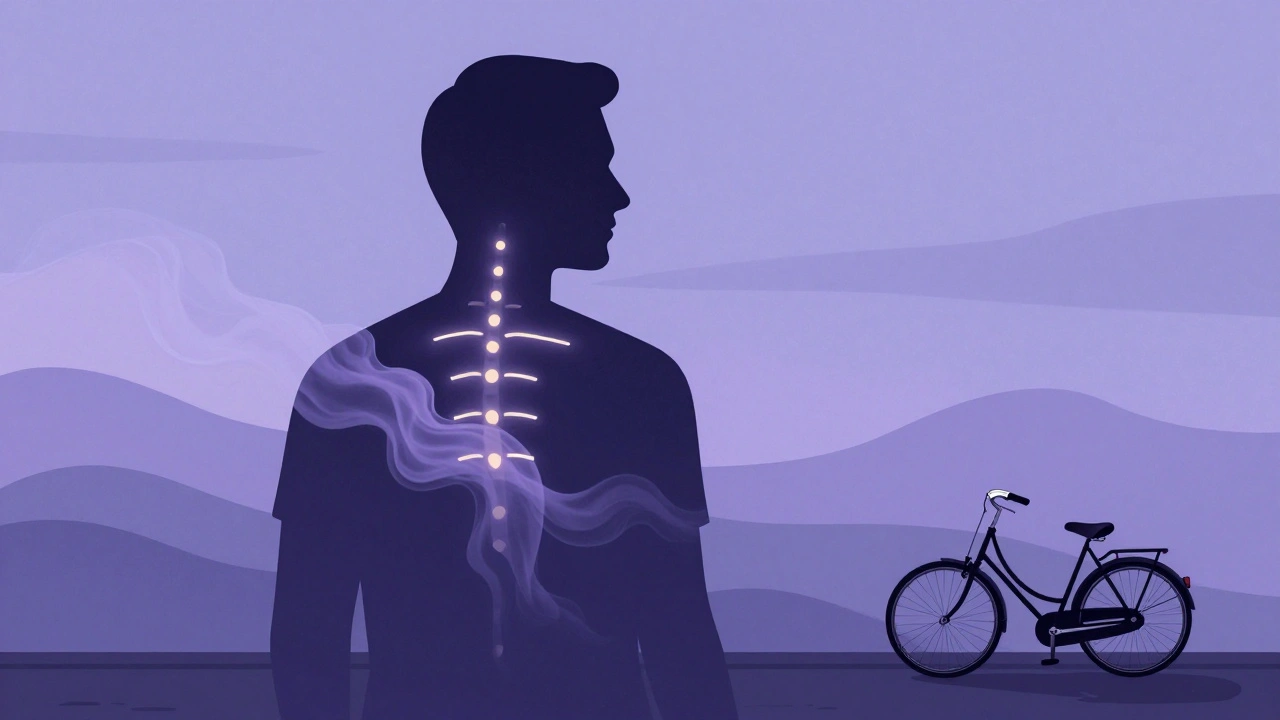 Silhouet van een mens waar stress loslaat als lavendelrook, symboliserend balans en rust in de stad Amsterdam.