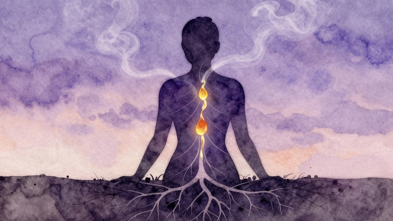 Silhouet van een persoon met olie die als lichtstroom de rug opstijgt naar lavendel- en citrusdampen.