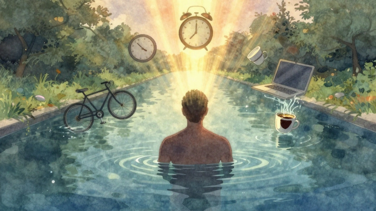 Silhouet van mens in water, stresssymbolen verdwijnen in gouden licht.