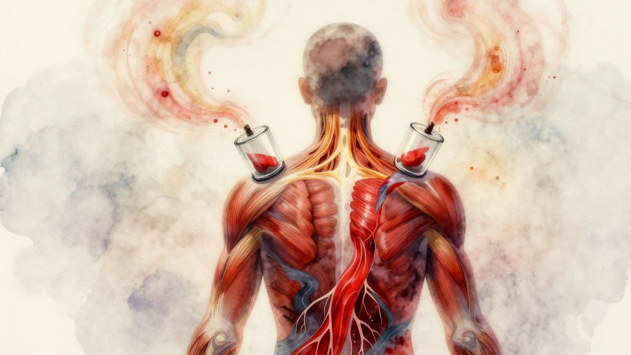 Stilistische weergave van bloed- en lymfestroom die stagnatie oplost, met glazen cups en lichtende stromen.