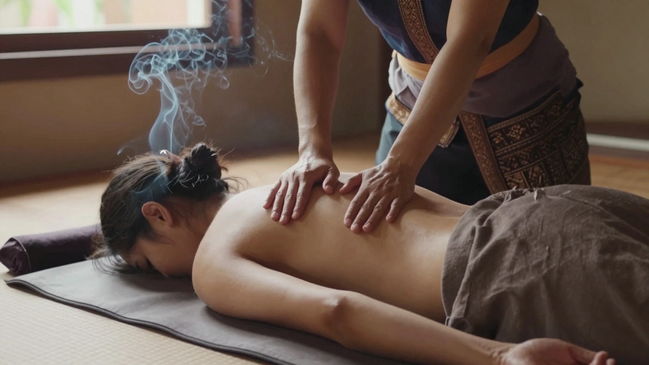 Thaise masseuse masseert een geklede cliënt op de vloer met zachte, strekkende bewegingen.