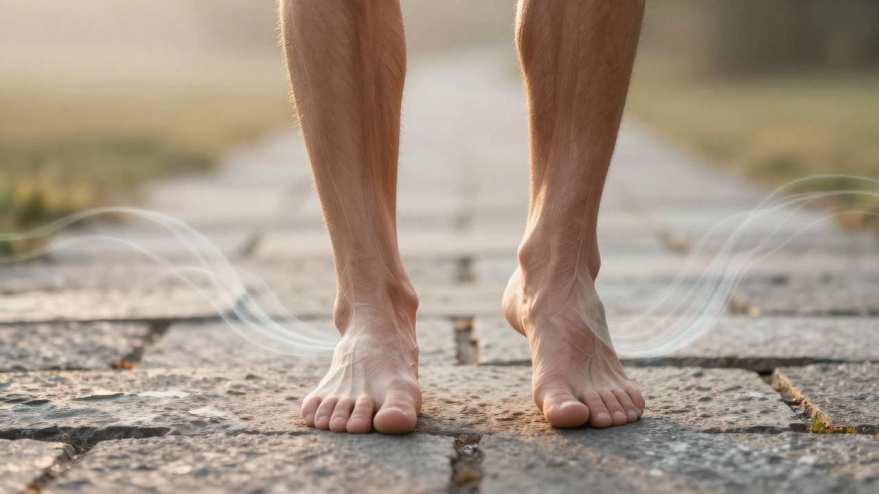 Twee blote voeten op een stenen pad bij zonsondergang, met zachte energiewolken die rust uitstralen.