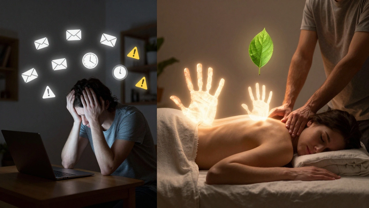 Twee kanten van hetzelfde persoon: één met stress, één met rust — verbonden door een warme handprint.