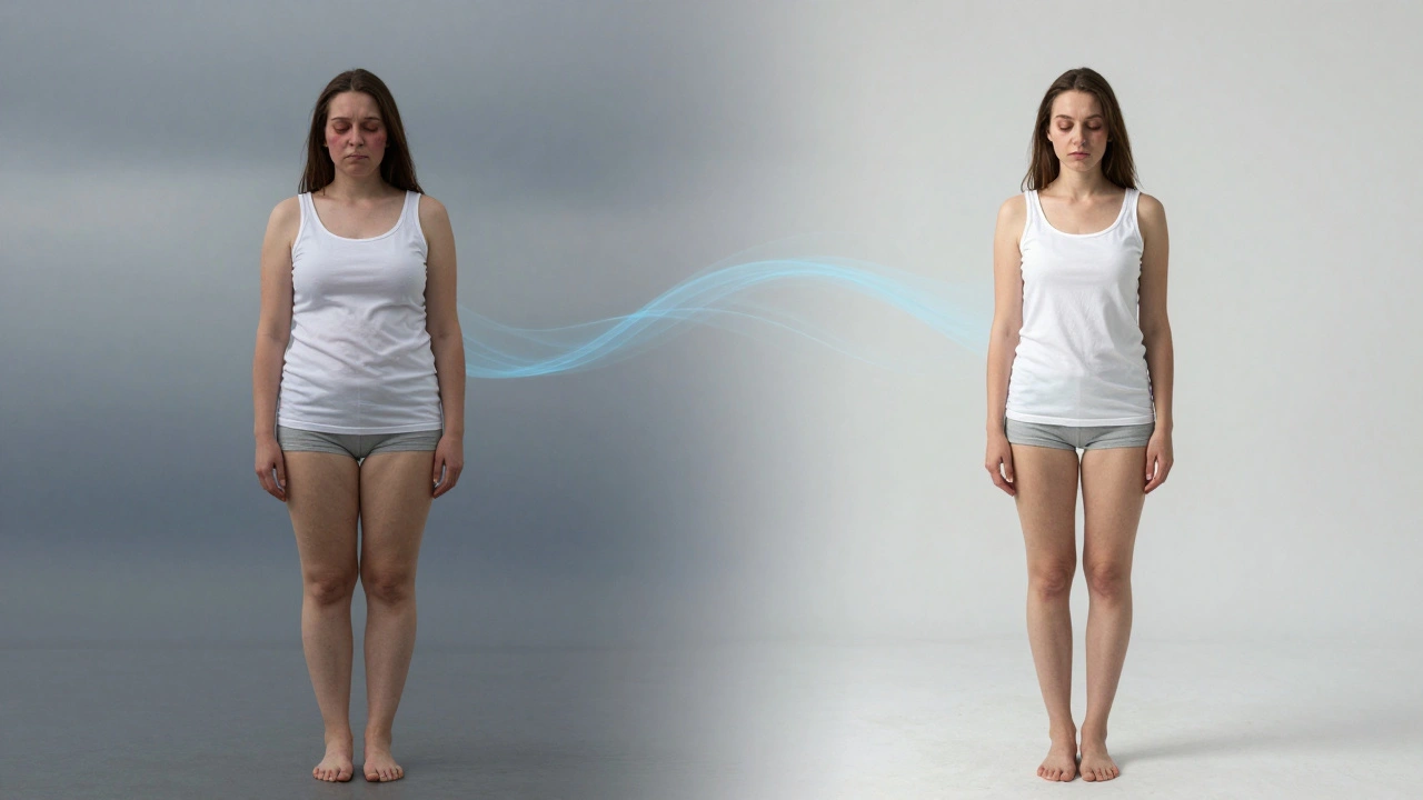 Vergelijking van een vrouw met opgezwollen lichaamsdelen links en een verfrist, lichter gevoelende vrouw rechts, met een zachte blauwe lymfestroom tussen beide.
