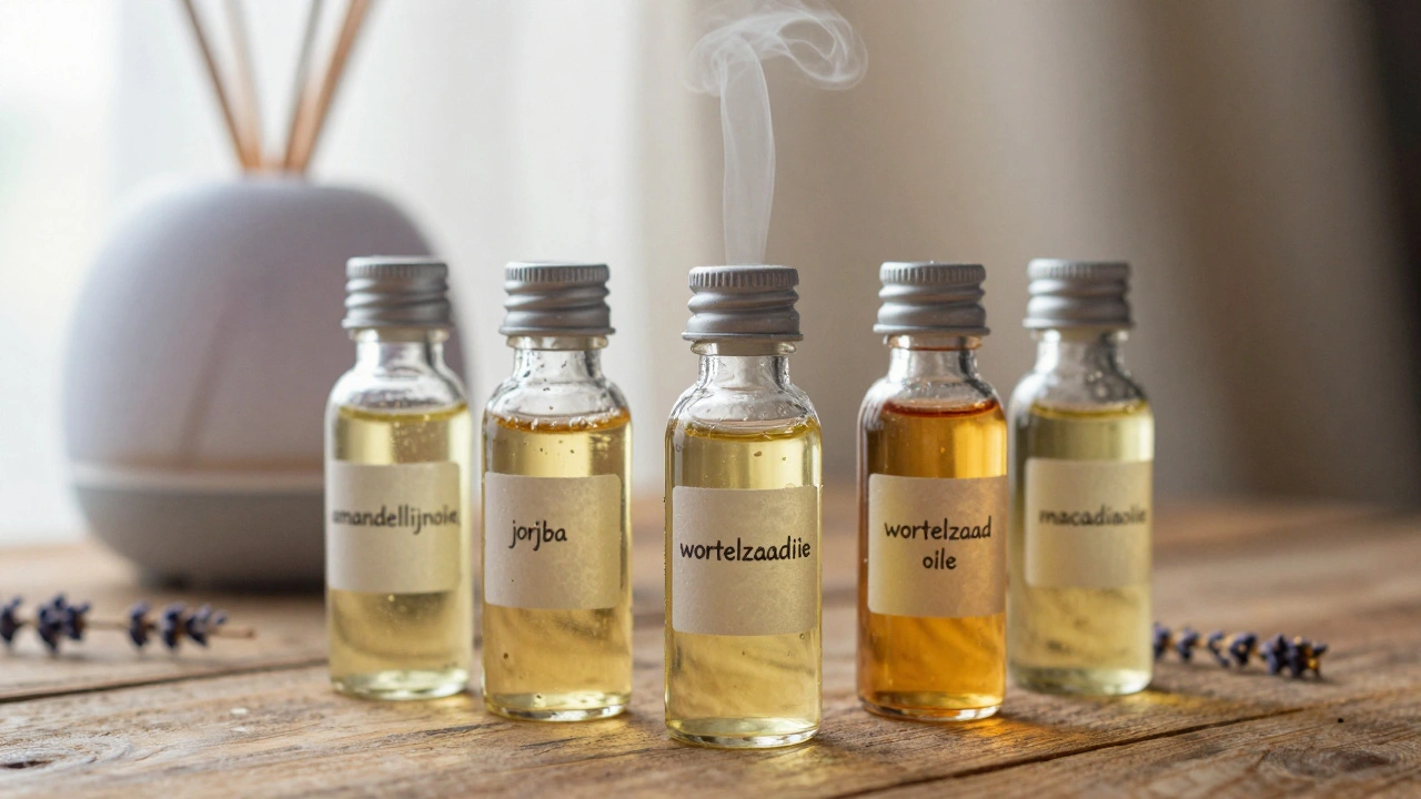 Vijf flesjes natuurlijke massageolies op houten plank met lavendel en zonlicht.