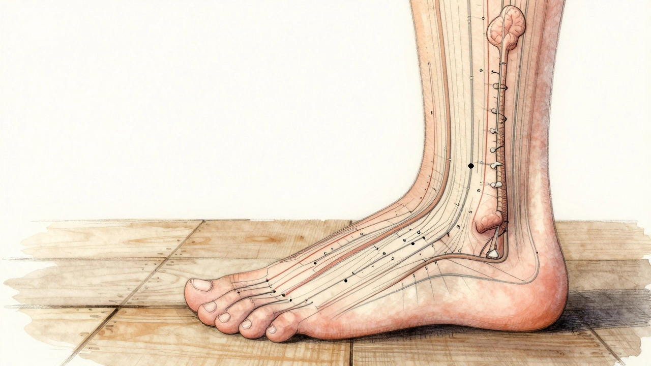 Voet als lichaamskaart met verbindingen naar organen in waterverfstijl.