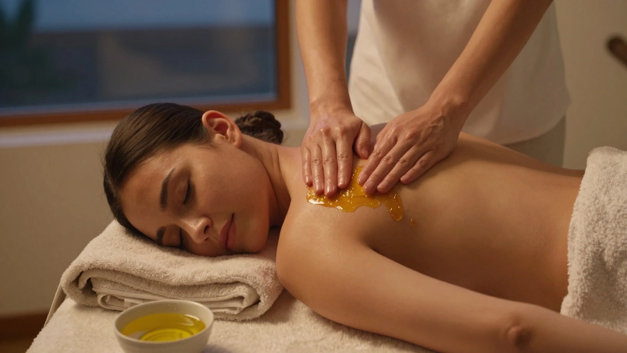 Vrouw geniet van een thuismassage met kokosolie bij schemerlicht.