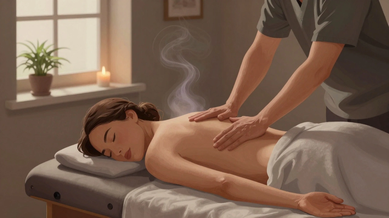 Vrouw ontspant tijdens een thuismassage in een zacht verlichte slaapkamer met kandelaars en natuurlijke tinten.