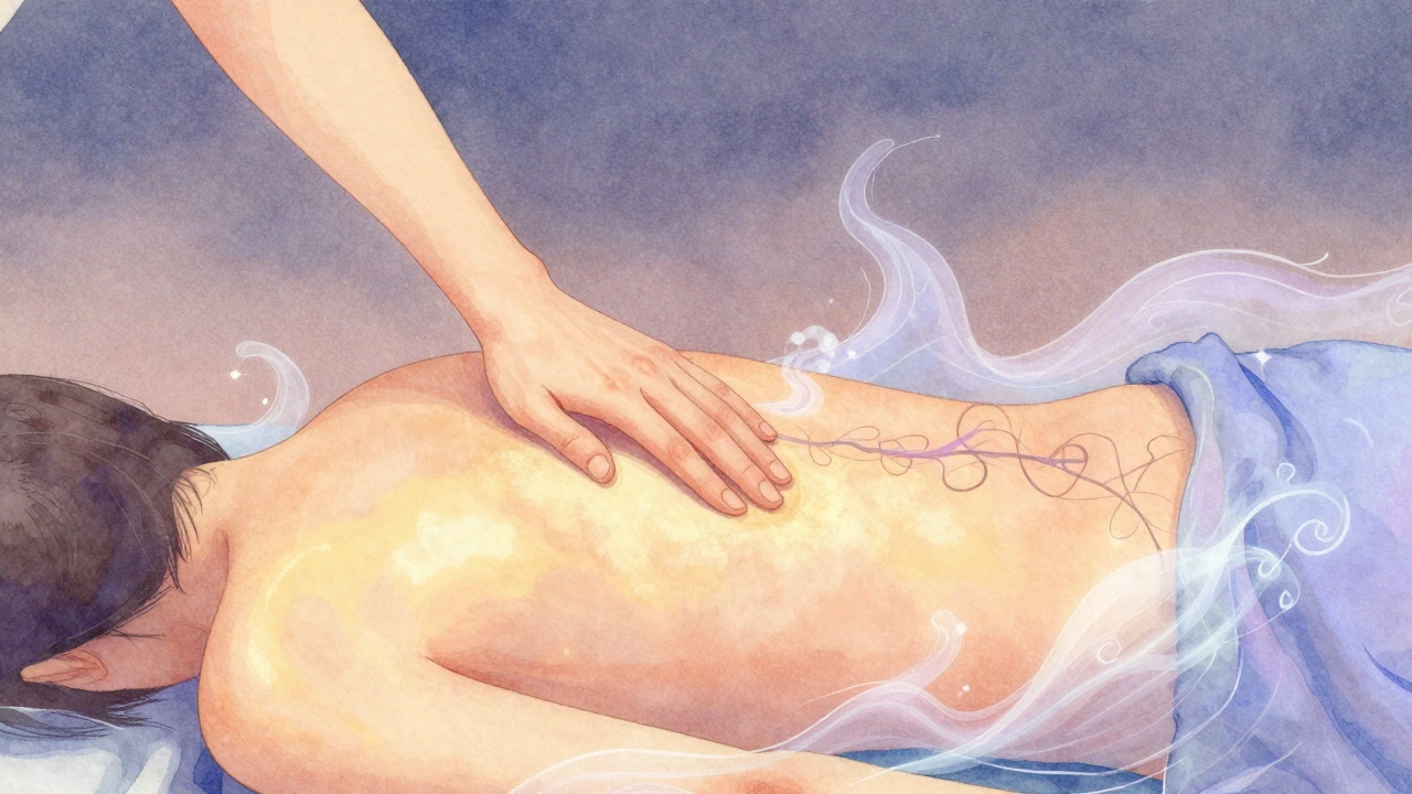 Zachte hand beweegt langzaam over een rug, met warme kleuren en energiegolven die spanning wegvloeien.