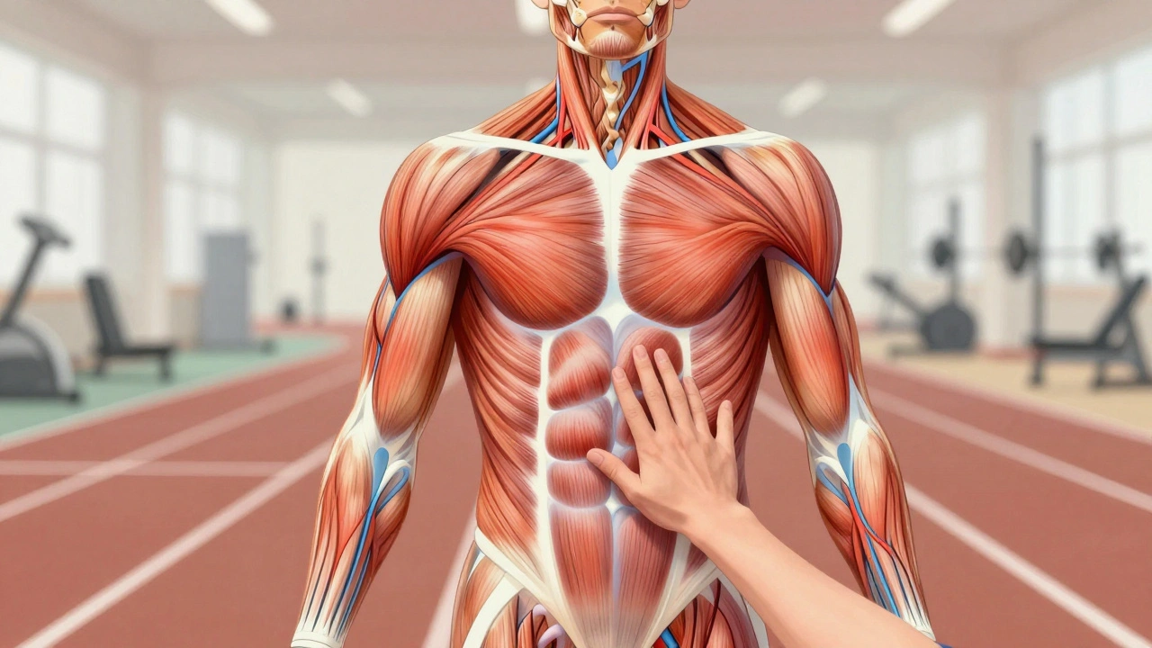 Artistic visualization of blood flow and lactic acid removal in muscles after sports massage.