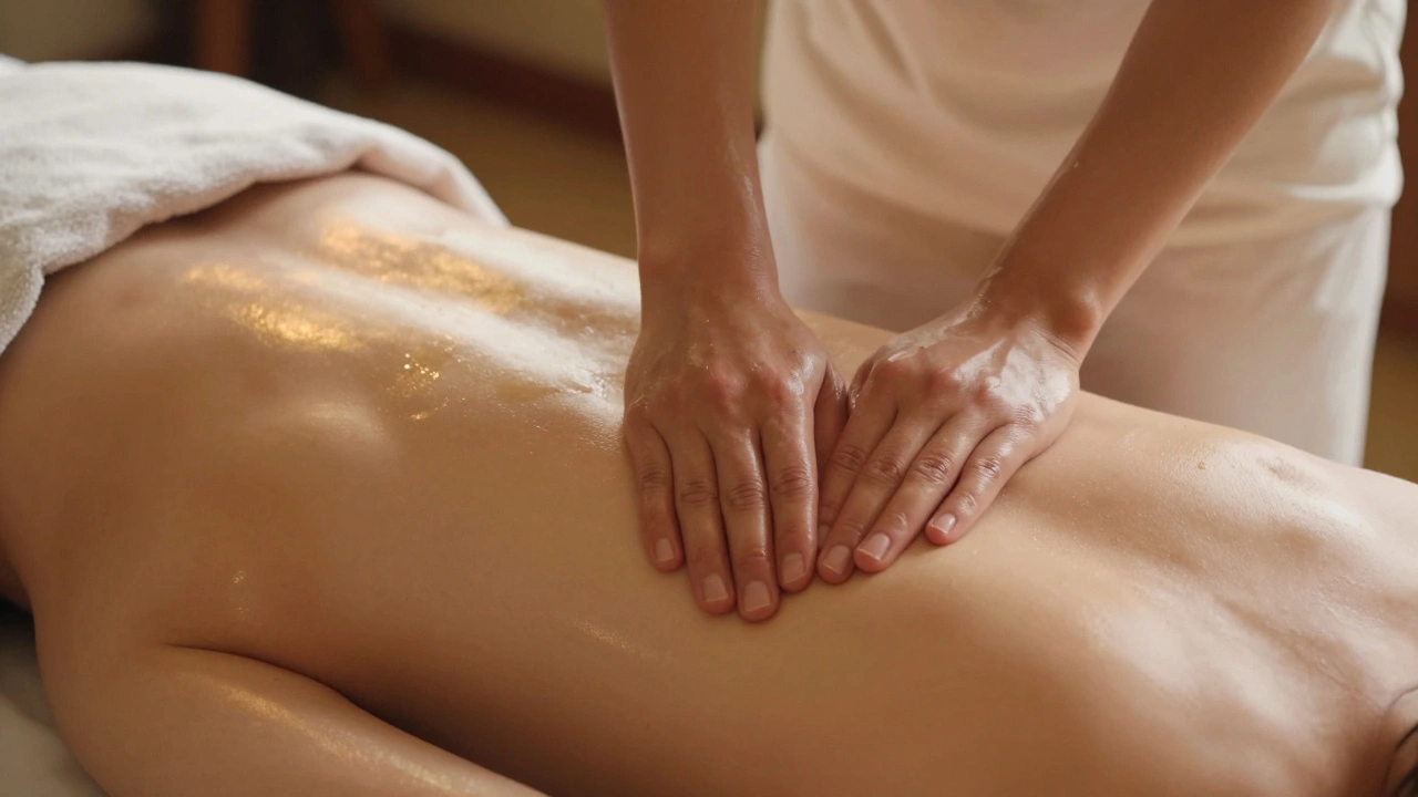 Close-up van twee lichamen in harmonieuze aanraking tijdens een diepe ontspanningsmassage, zonder gezichten, alleen beweging en warmte.