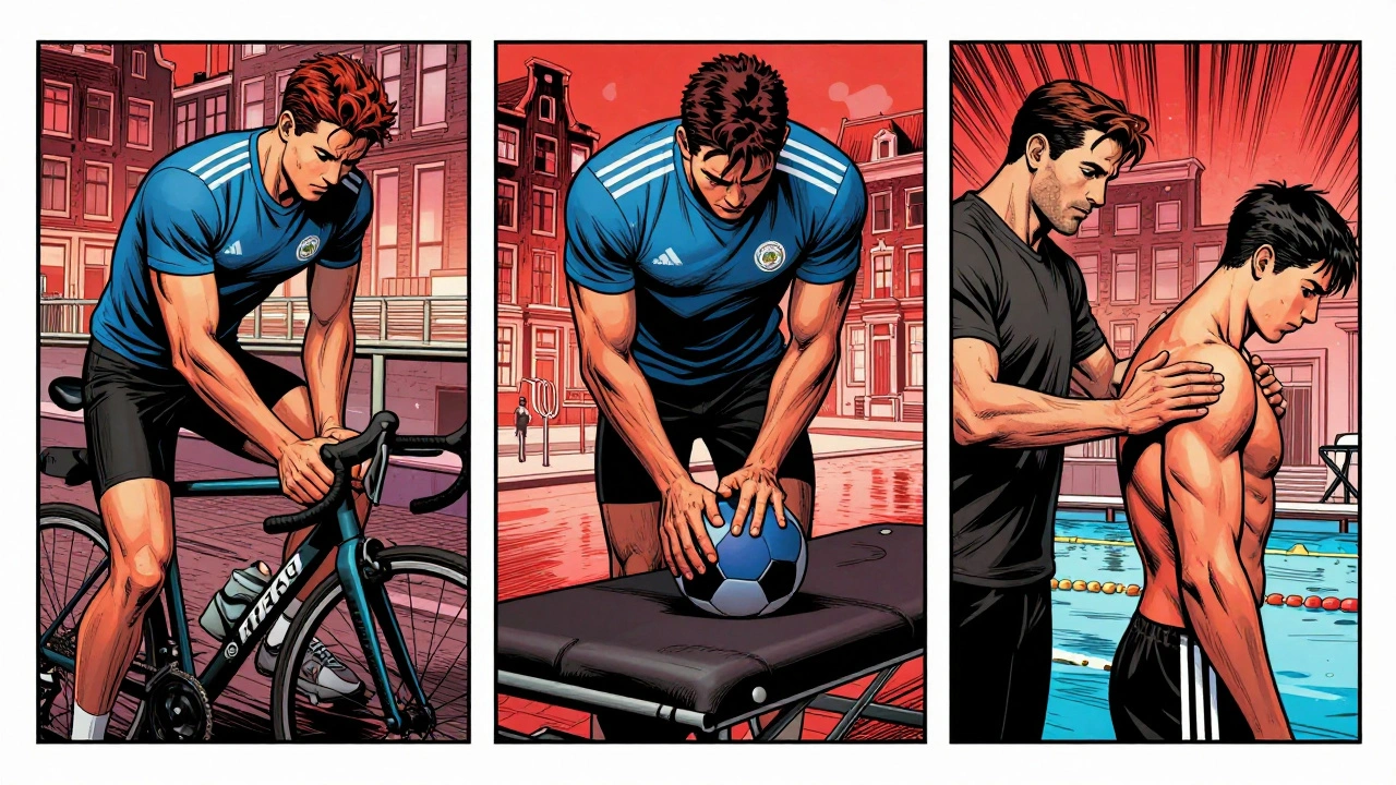 Comic-stijl weergave van drie soorten sportmassage: pre-event, post-event en revalidatie.