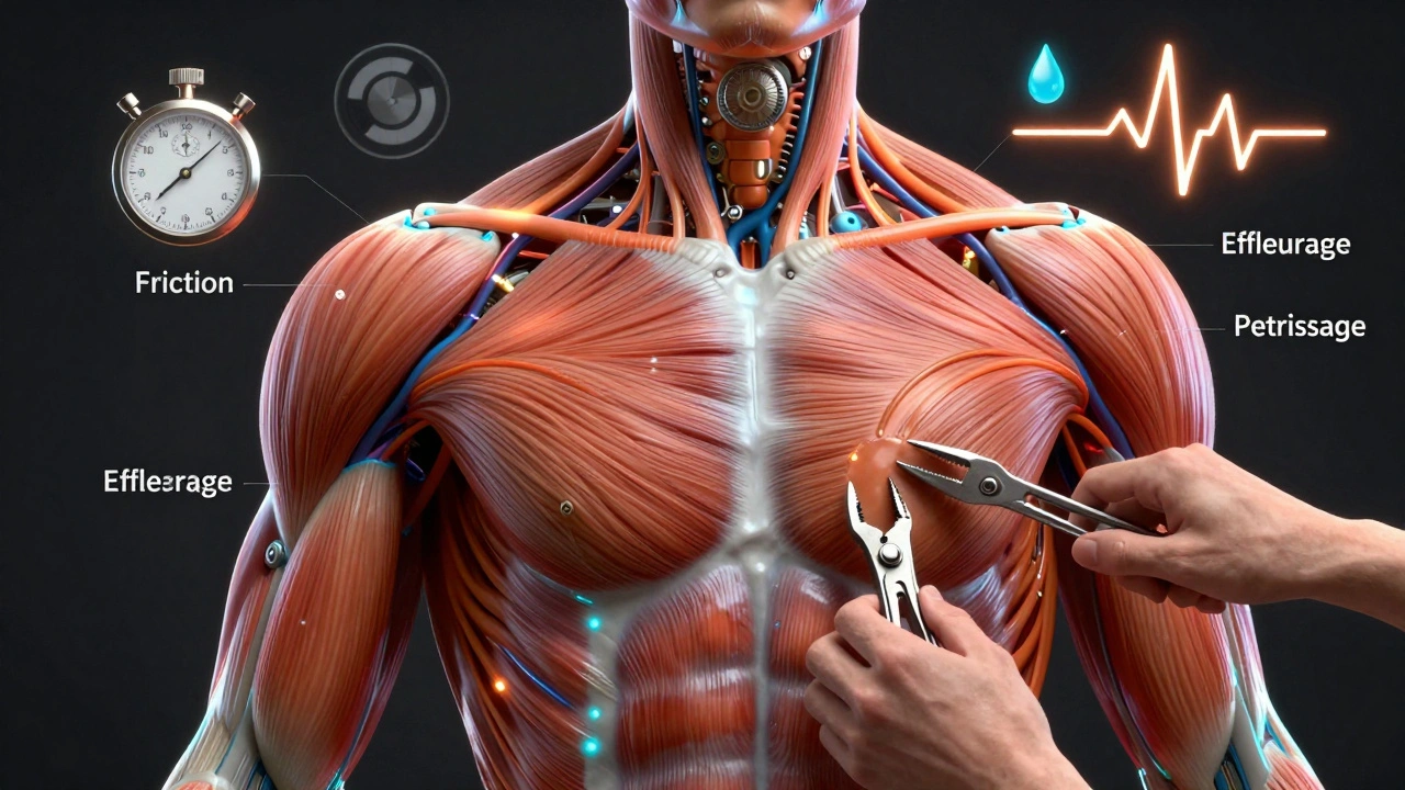 Conceptuele weergave van het lichaam als machine met massage-technieken als reparatietools.