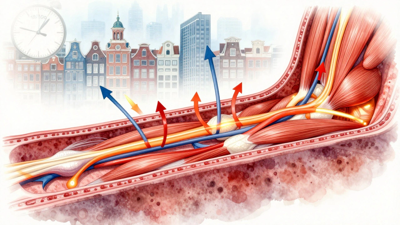 Cross-section van spierweefsel met bloedstroom en losgemaakte knopen, geïllustreerd als een wetenschappelijke tekening.