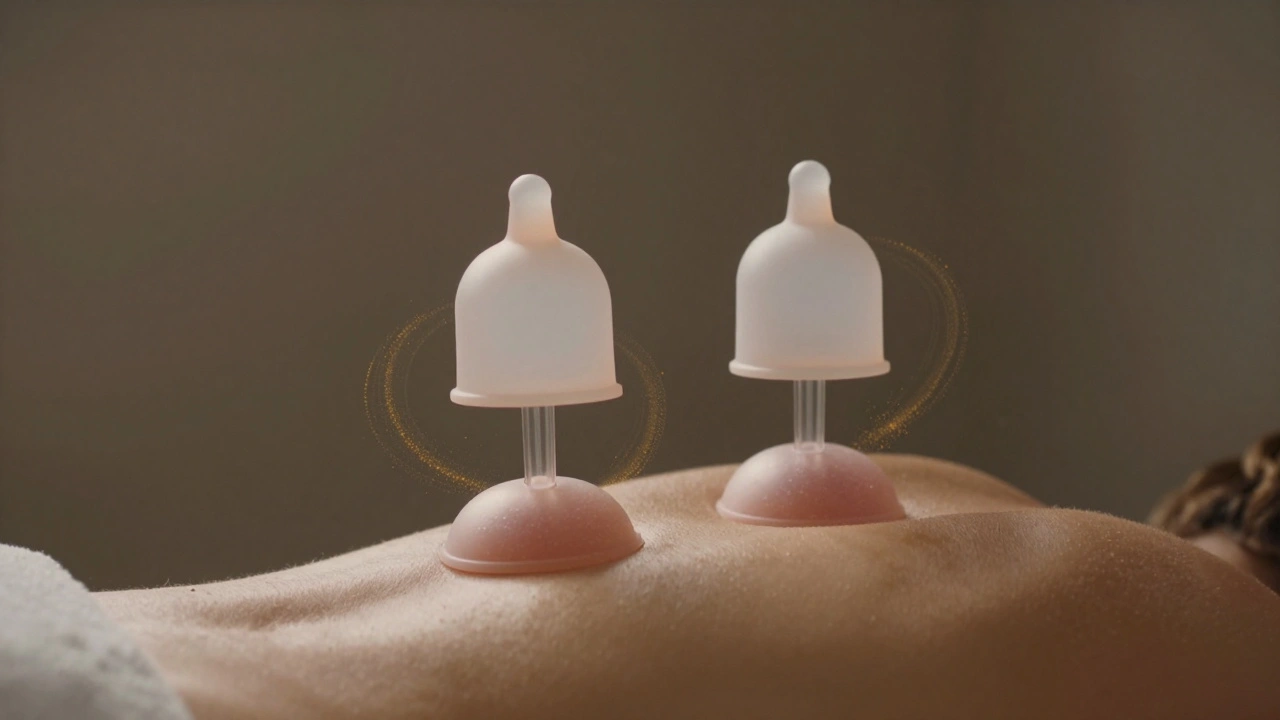 Cuppingbekers zweven boven een rug, gouden deeltjes symboliseren verbeterde bloedcirculatie.