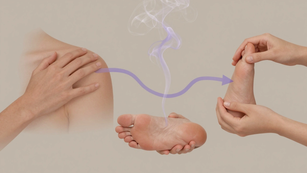 Drie handen die samen een ontspanningsmassage symboliseren: schouders, voeten en hoofd, verbonden door lavendelrook.