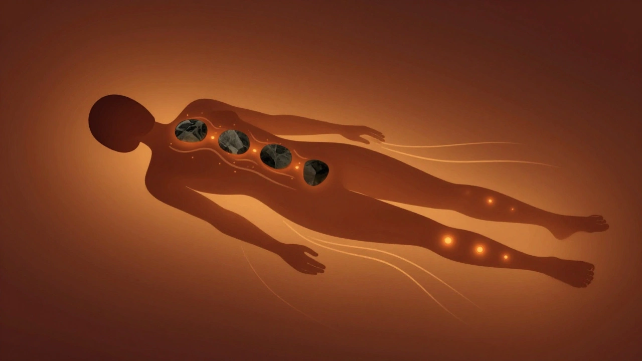 Een abstracte silhouet met warme, gloeiende steentjes langs het lichaam, symboliserend diepe ontspanning.