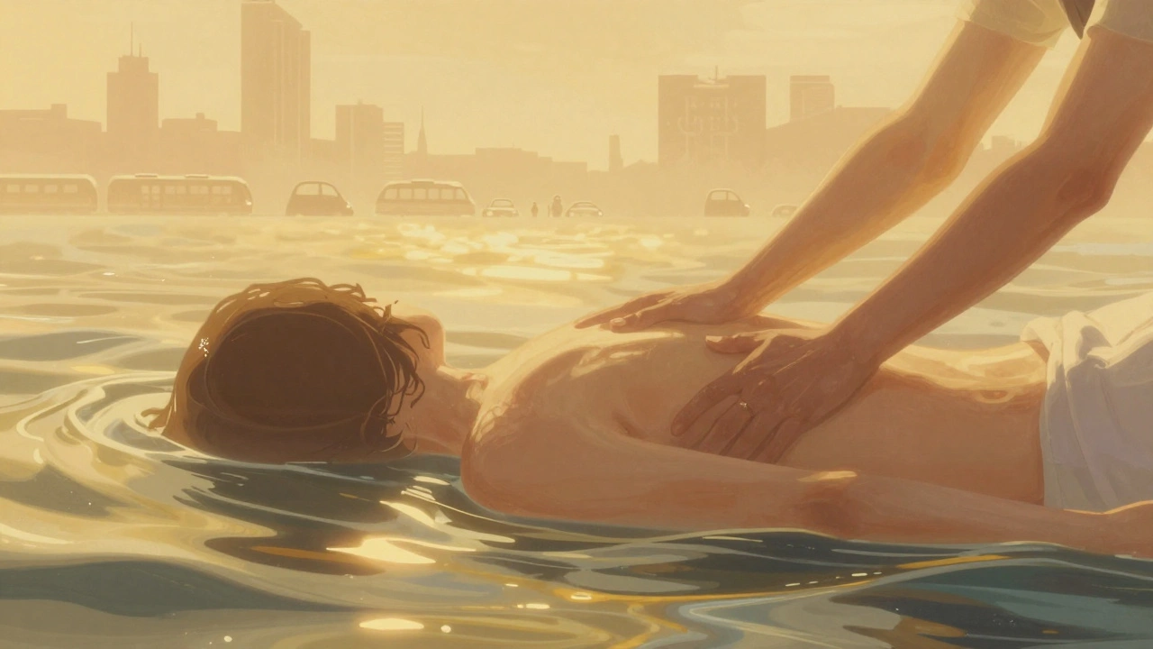 Een artistieke weergave van een persoon die zweeft in een warme, gouden oceaan, omhuld door vloeiende lichamen die rust en verbinding symboliseren.